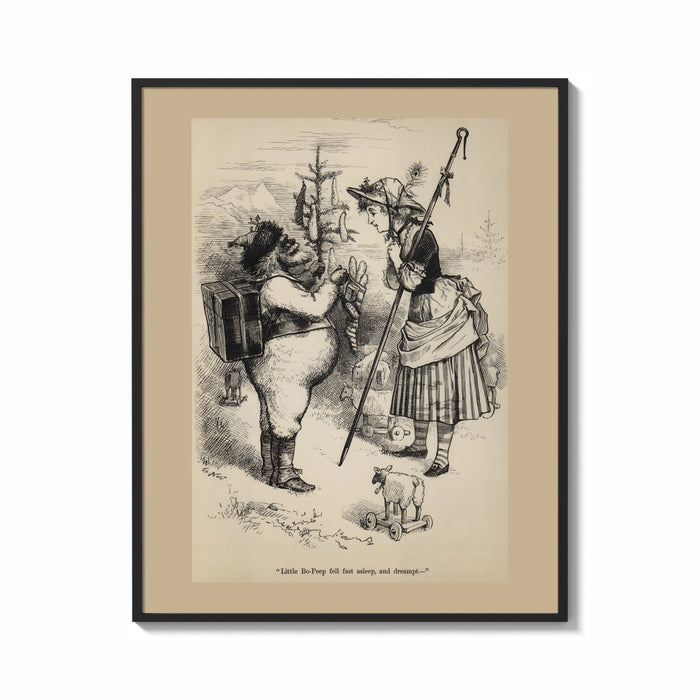 Framed Santa Claus meeting Little Bo-Peep print shown as a bold statement piece on a clean gallery wall