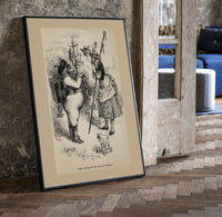 Santa Claus meeting Little Bo-Peep print in a black frame leaning beside a vintage door on parquet