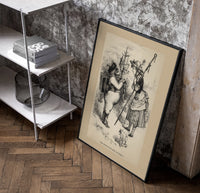 Santa Claus meeting Little Bo-Peep poster in a black frame leaning beside a shelf in a raw-plaster loft