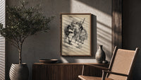 Santa Claus meeting Little Bo-Peep poster framed above a fluted sideboard beside an olive tree