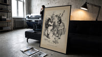 Santa Claus meeting Little Bo-Peep print in a slim black frame leaning on a dark sofa in a concrete print studio