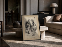 Santa Claus meeting Little Bo-Peep print in a black frame leaning on a travertine table in a sunlit lounge