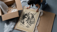 Santa Claus meeting Little Bo-Peep framed print being unpacked from protective bubble wrap and a box