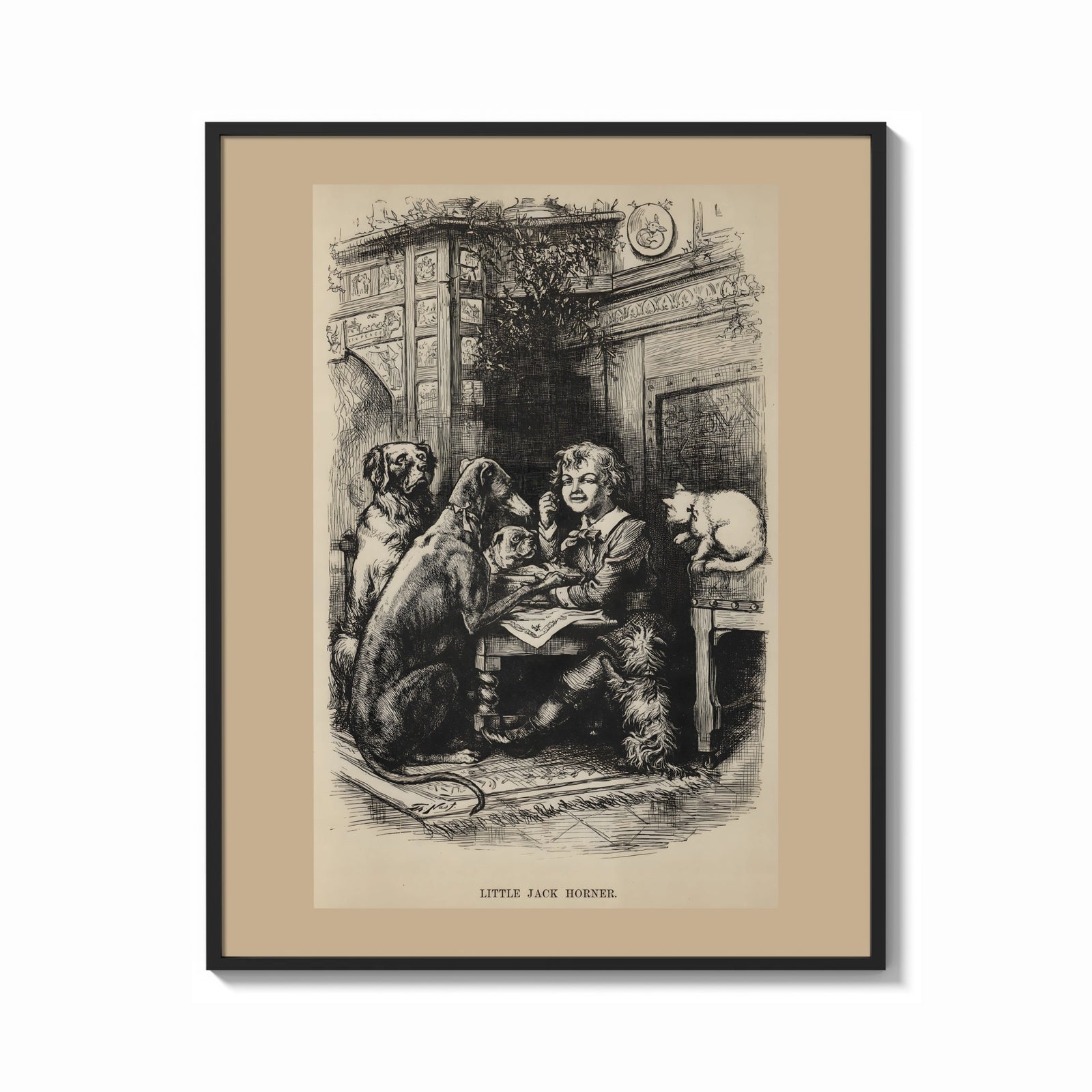 Framed Curly-haired boy eating pie with dogs print shown as a bold statement piece on a clean gallery wall