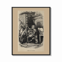 Framed Curly-haired boy eating pie with dogs print shown as a bold statement piece on a clean gallery wall
