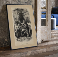Curly-haired boy eating pie with dogs print in a black frame leaning beside a vintage door on parquet