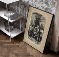 Curly-haired boy eating pie with dogs poster in a black frame leaning beside a shelf in a raw-plaster loft