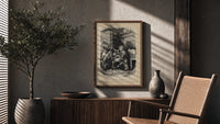 Curly-haired boy eating pie with dogs poster framed above a fluted sideboard beside an olive tree