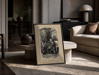 Curly-haired boy eating pie with dogs print in a black frame leaning on a travertine table in a sunlit lounge