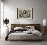 Santa Claus Christmas montage engraving print in a dark wood frame above a rattan bed on a plaster wall