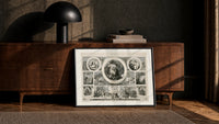 Santa Claus Christmas montage engraving print in a black frame leaning against a walnut console in lamplight