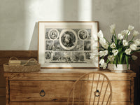 Santa Claus Christmas montage engraving print in an oak frame on a farmhouse dresser beside white tulips