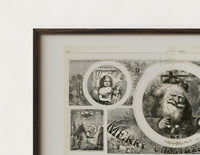 Close-up of the Santa Claus Christmas montage engraving print's dark wood frame corner and archival matte paper