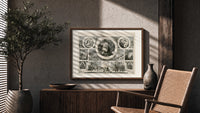 Santa Claus Christmas montage engraving print in a wood frame above a fluted sideboard beside an olive tree