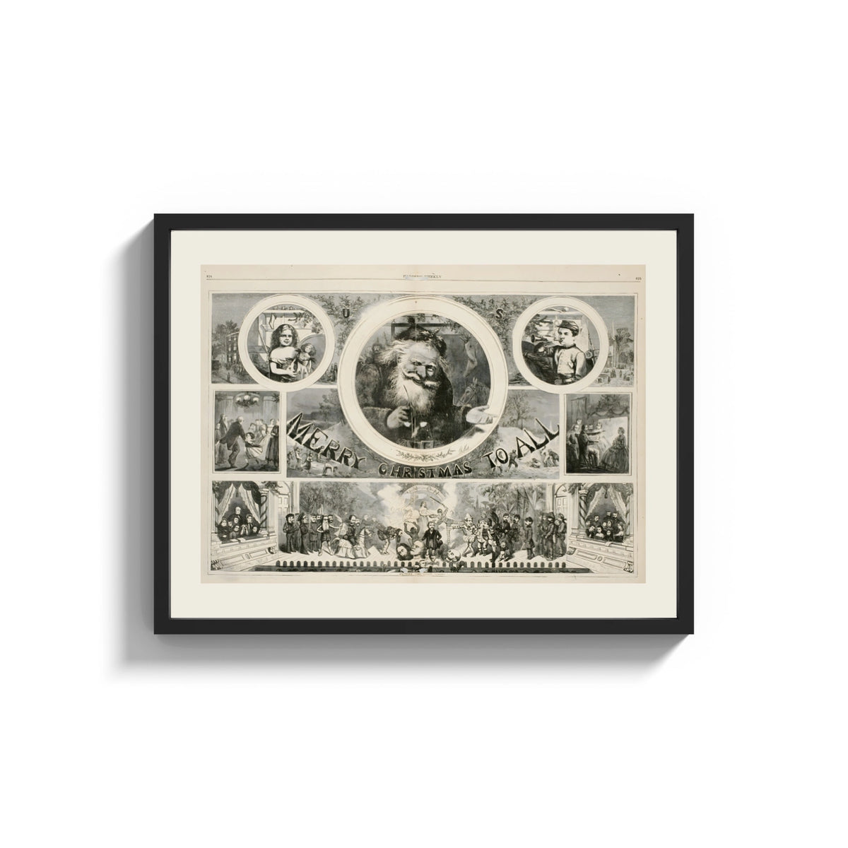 Framed Santa Claus Christmas montage engraving print shown as a wide statement piece on a clean white wall