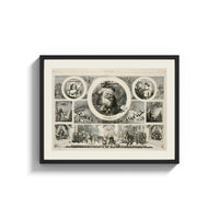 Framed Santa Claus Christmas montage engraving print shown as a wide statement piece on a clean white wall