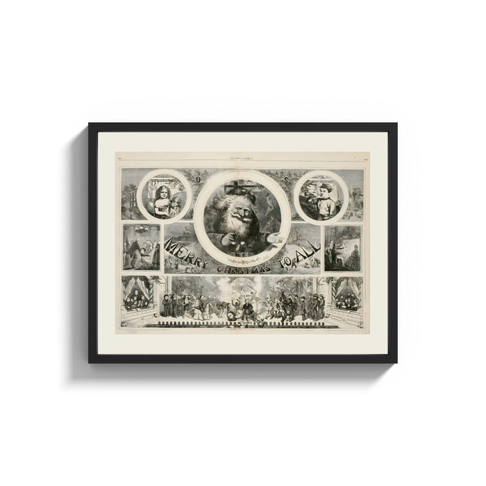 Framed Santa Claus Christmas montage engraving print shown as a wide statement piece on a clean white wall