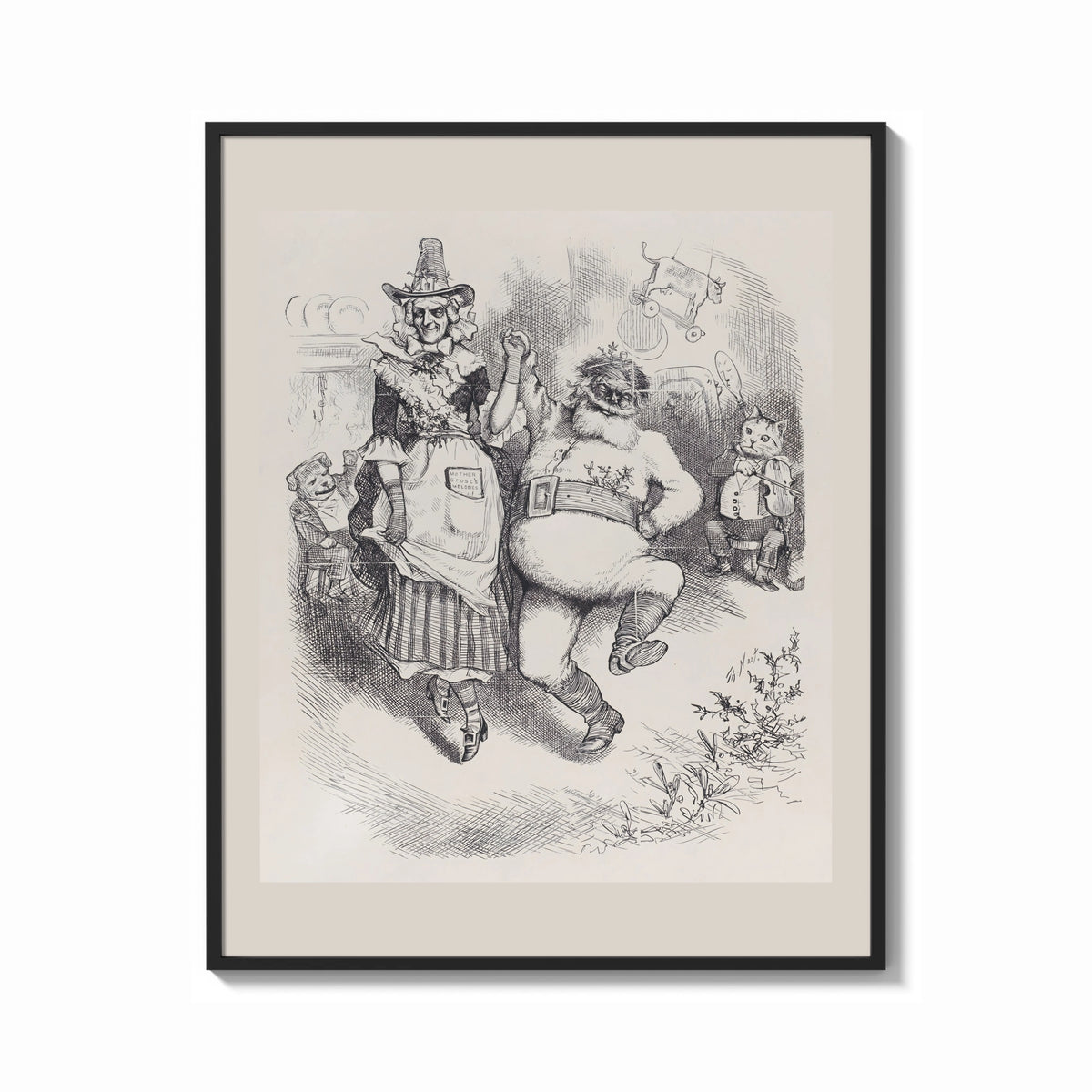 Framed Santa Claus seated with Mother Goose print shown as a bold statement piece on a clean gallery wall