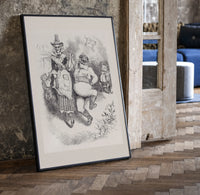 Santa Claus seated with Mother Goose print in a black frame leaning beside a vintage door on parquet