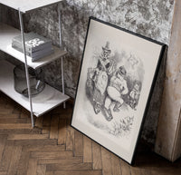 Santa Claus seated with Mother Goose poster in a black frame leaning beside a shelf in a raw-plaster loft