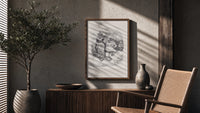 Santa Claus seated with Mother Goose poster framed above a fluted sideboard beside an olive tree