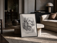 Santa Claus seated with Mother Goose print in a black frame leaning on a travertine table in a sunlit lounge