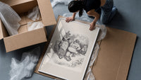 Santa Claus seated with Mother Goose framed print being unpacked from protective bubble wrap and a box