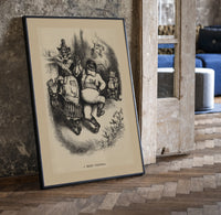Santa Claus dancing with Mother Goose print in a black frame leaning beside a vintage door on parquet