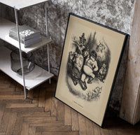 Santa Claus dancing with Mother Goose poster in a black frame leaning beside a shelf in a raw-plaster loft