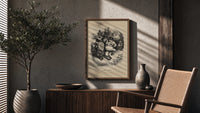 Santa Claus dancing with Mother Goose poster framed above a fluted sideboard beside an olive tree