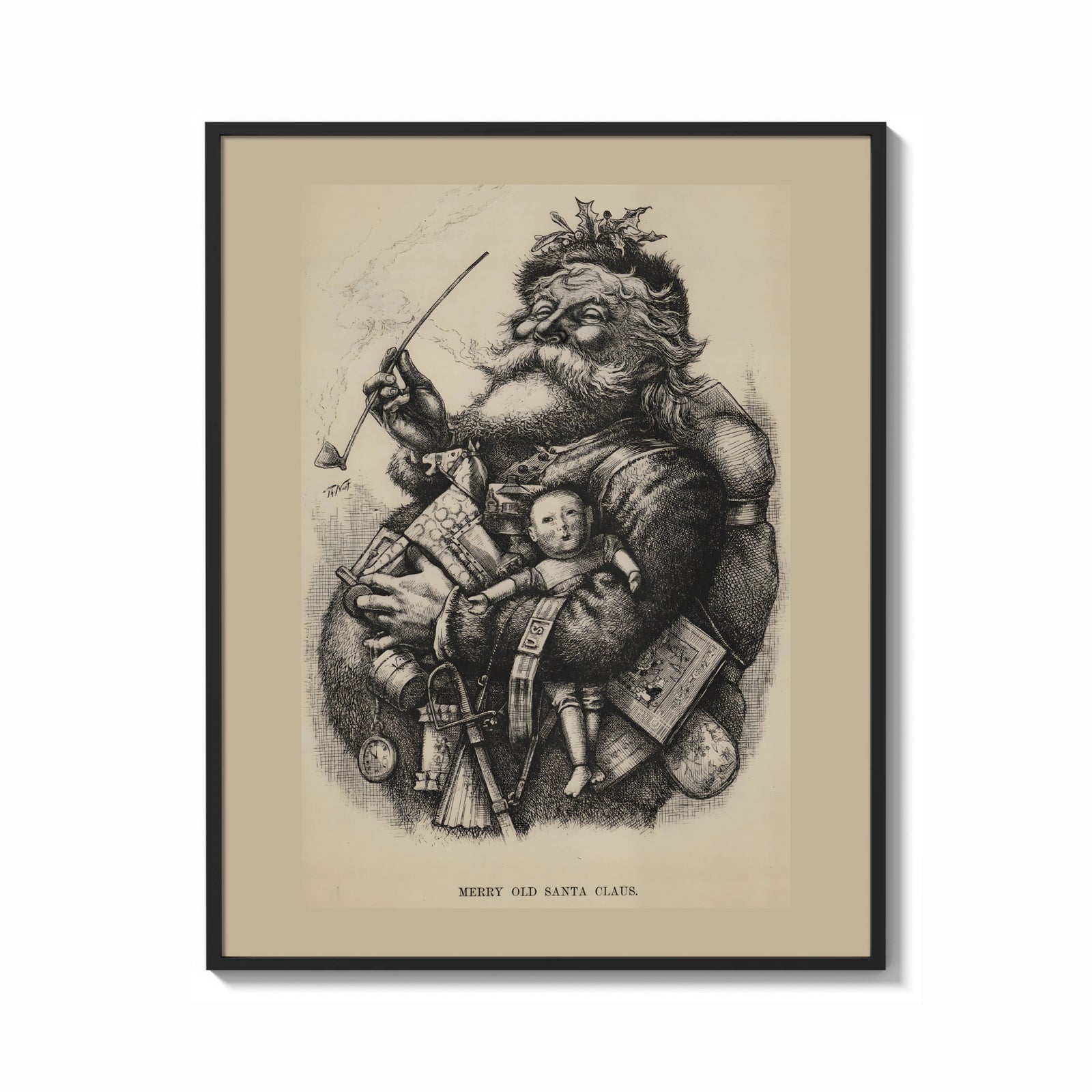 Framed Santa Claus smoking pipe holding toys print shown as a bold statement piece on a clean gallery wall