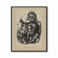 Framed Santa Claus smoking pipe holding toys print shown as a bold statement piece on a clean gallery wall