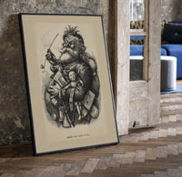 Santa Claus smoking pipe holding toys print in a black frame leaning beside a vintage door on parquet