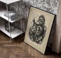 Santa Claus smoking pipe holding toys poster in a black frame leaning beside a shelf in a raw-plaster loft