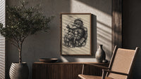 Santa Claus smoking pipe holding toys poster framed above a fluted sideboard beside an olive tree