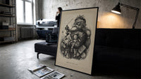 Santa Claus smoking pipe holding toys print in a slim black frame leaning on a dark sofa in a concrete print studio