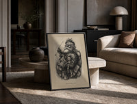 Santa Claus smoking pipe holding toys print in a black frame leaning on a travertine table in a sunlit lounge