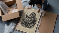 Santa Claus smoking pipe holding toys framed print being unpacked from protective bubble wrap and a box