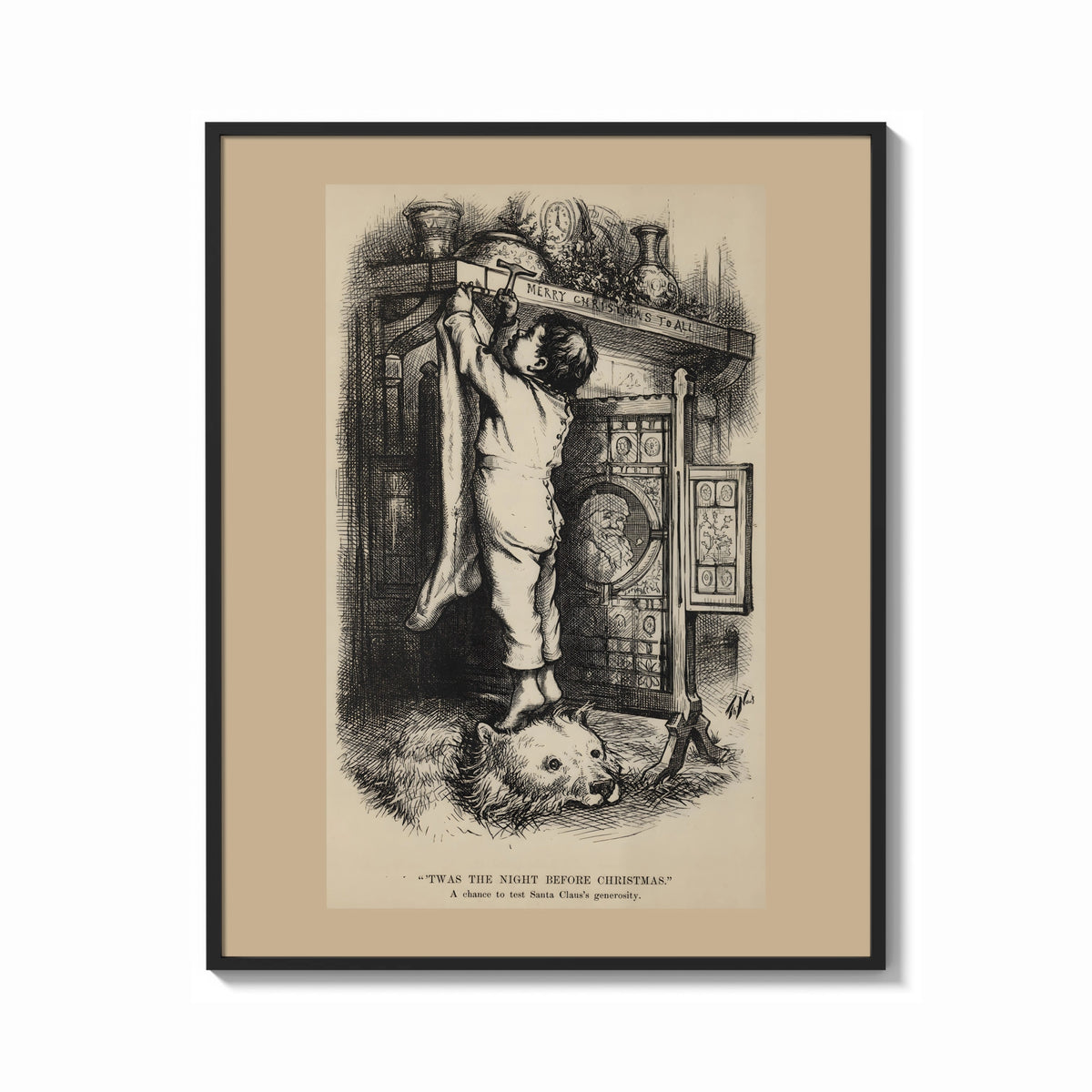 Framed Boy nailing stocking to Christmas mantel print shown as a bold statement piece on a clean gallery wall