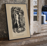 Boy nailing stocking to Christmas mantel print in a black frame leaning beside a vintage door on parquet