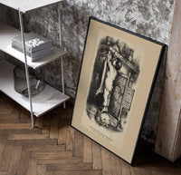 Boy nailing stocking to Christmas mantel poster in a black frame leaning beside a shelf in a raw-plaster loft