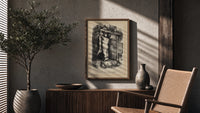 Boy nailing stocking to Christmas mantel poster framed above a fluted sideboard beside an olive tree