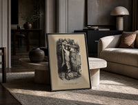 Boy nailing stocking to Christmas mantel print in a black frame leaning on a travertine table in a sunlit lounge
