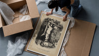Boy nailing stocking to Christmas mantel framed print being unpacked from protective bubble wrap and a box