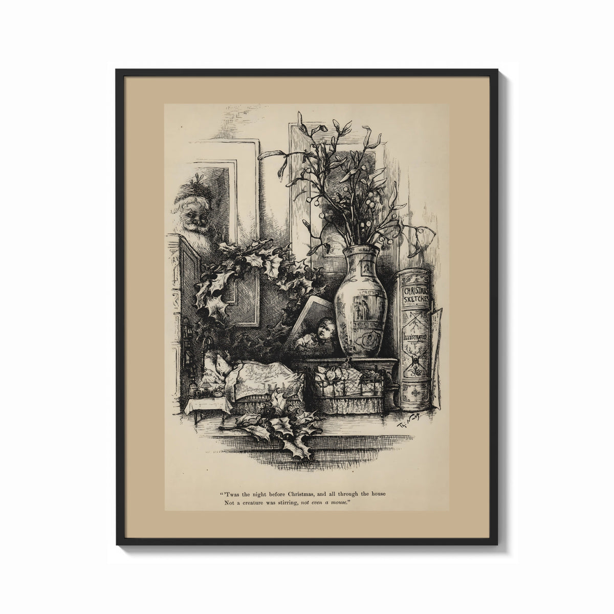 Framed Child awake in bed on Christmas Eve print shown as a bold statement piece on a clean gallery wall