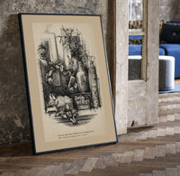 Child awake in bed on Christmas Eve print in a black frame leaning beside a vintage door on parquet