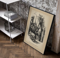 Child awake in bed on Christmas Eve poster in a black frame leaning beside a shelf in a raw-plaster loft