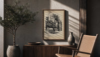 Child awake in bed on Christmas Eve poster framed above a fluted sideboard beside an olive tree