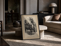 Child awake in bed on Christmas Eve print in a black frame leaning on a travertine table in a sunlit lounge