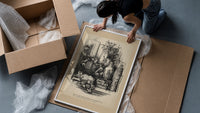 Child awake in bed on Christmas Eve framed print being unpacked from protective bubble wrap and a box